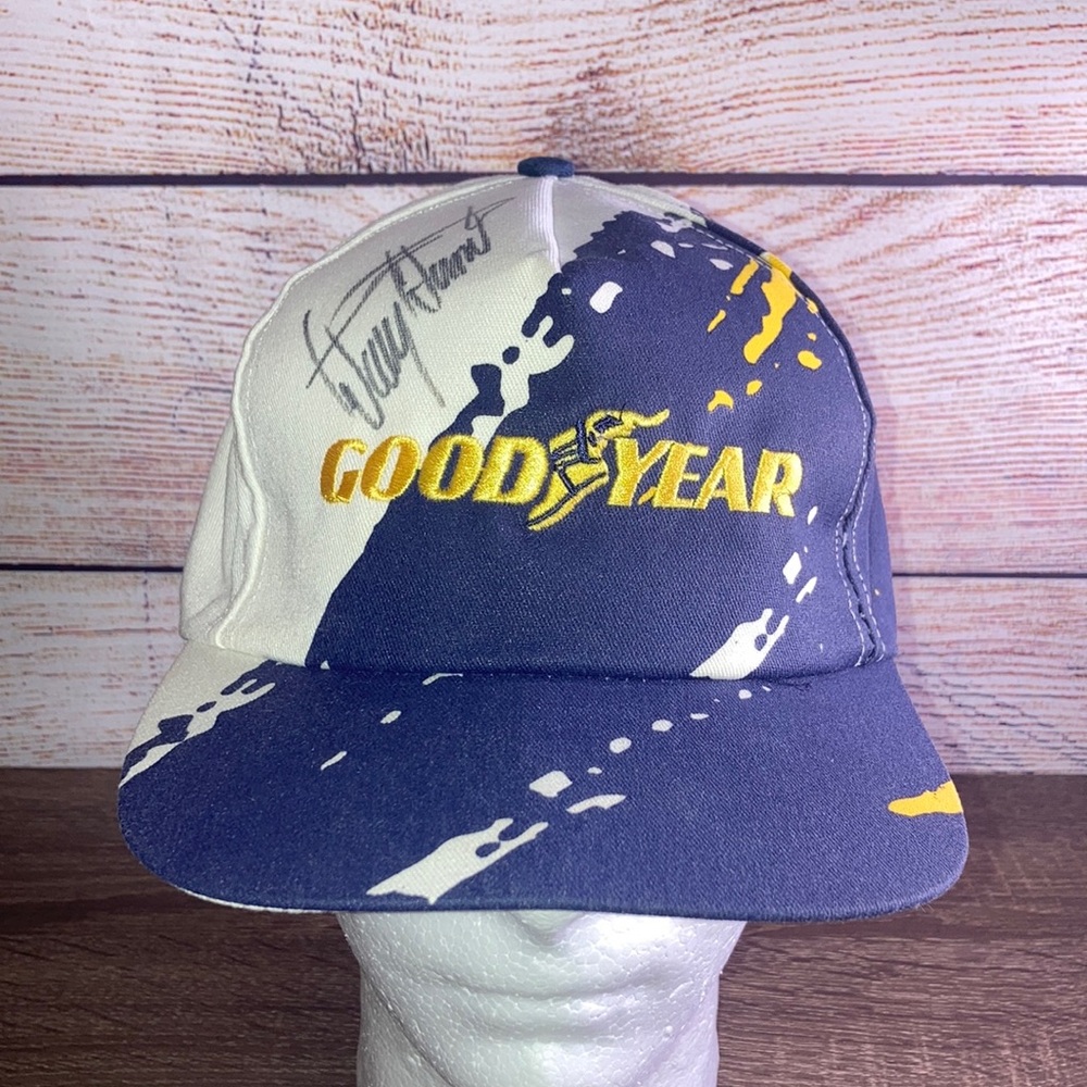 Vintage Goodyear Blue and White SnapBack Cap 90’s Swingster w/Unknown Autograph